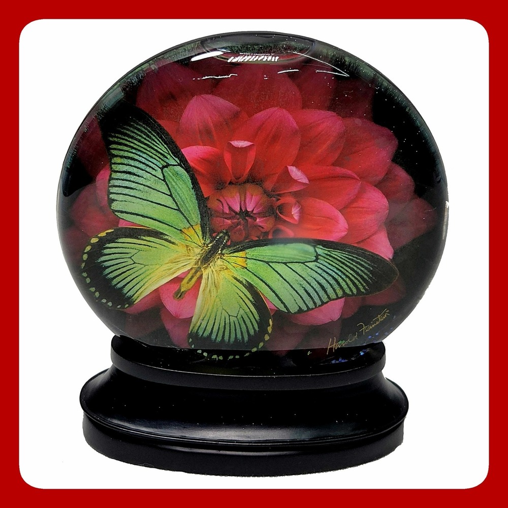 Harold Feinstein Butterfly Flower Water Globe Glitter Glass Paperweight 5.5in